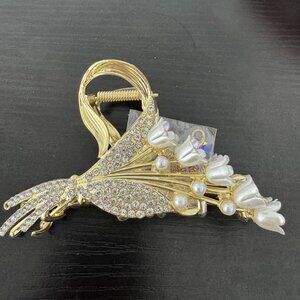 Gold Floral Rhinestone Hair Claw Clip